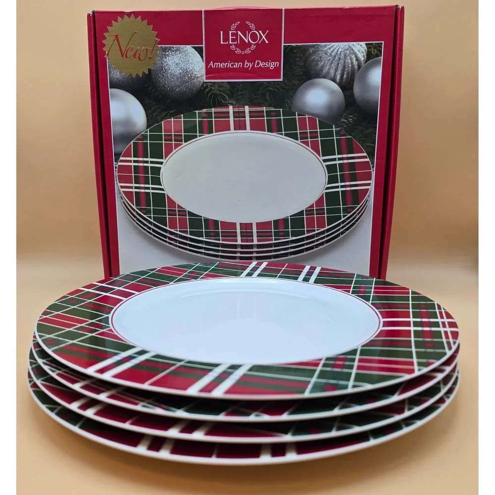 Lenox Vintage Plaid Dinner‎ Plates Set of 4 Red Green Winter Holiday 870676